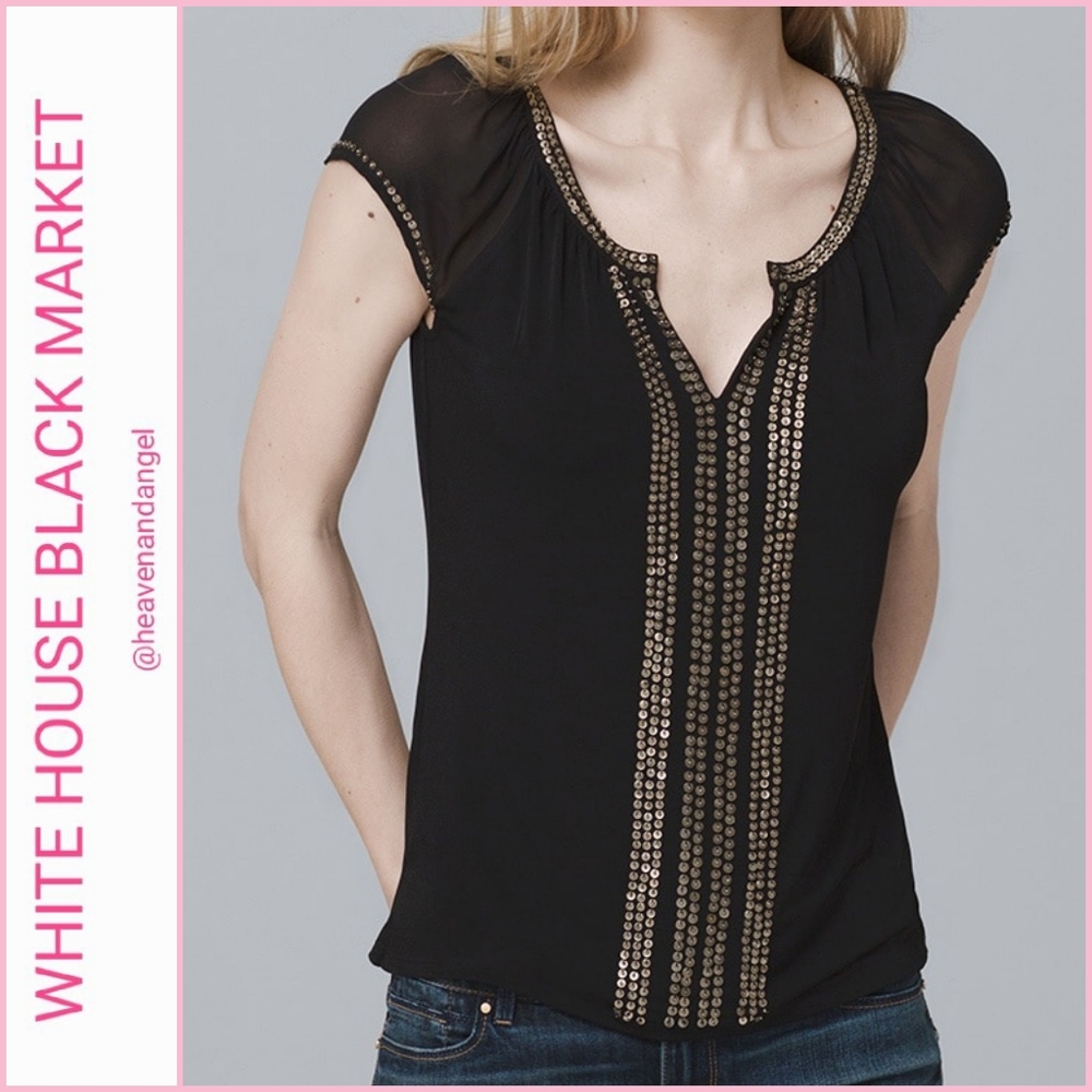 NEW WHBM Short Sleeve Sequin Front Top